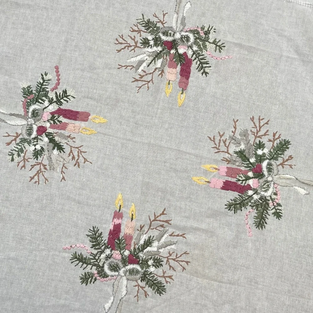 Vintage Embroidered Christmas Candle Dresser Scarf White Cotton Holiday Decor
